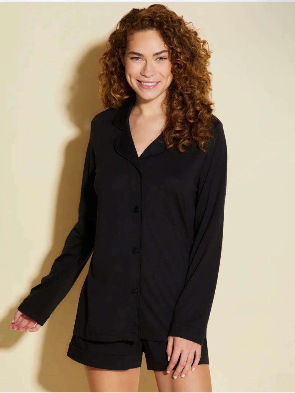 Cosabella Black Pima Cotton Modal Long Sleeve Top & Shorts Pajama Set Medium